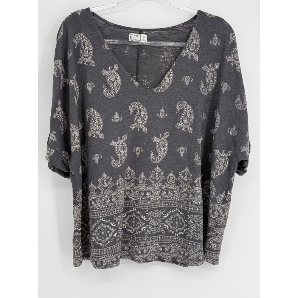 24/7 Maunces Comfort Apparel Womens XXL Charcoal Grey Paisley V-Neck Dolman Top